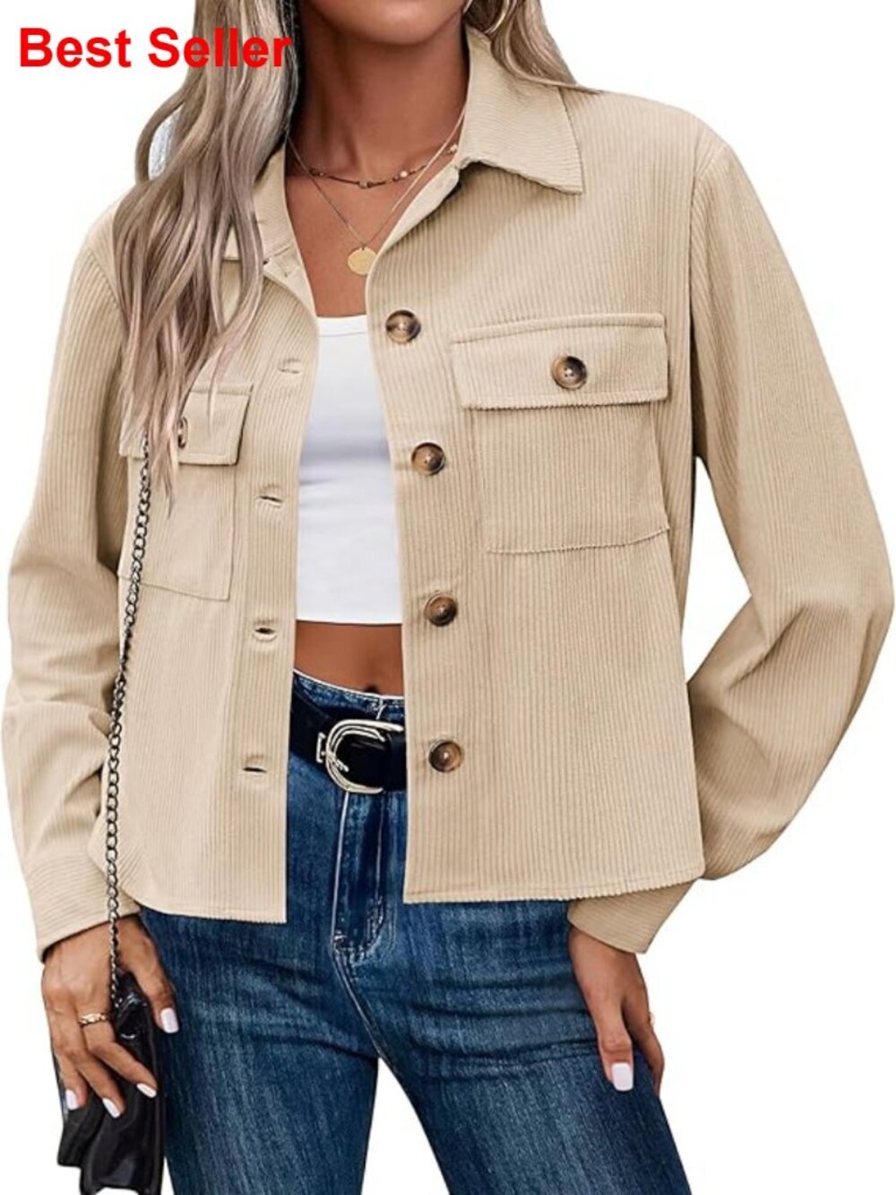 Cropped Corduroy Button Down Shacket Jacket Long Sleeve Top